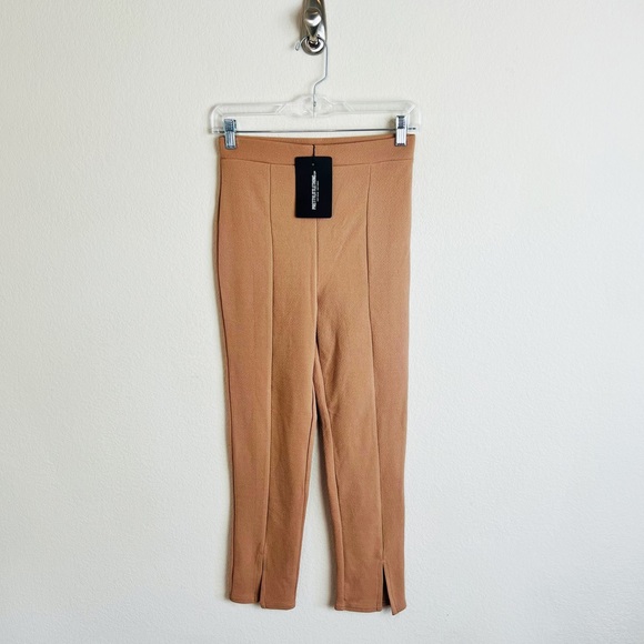 NWT PrettyLittleThing Camel Brown High Waisted Crepe Split Hem Trouser Pants - Picture 5 of 12